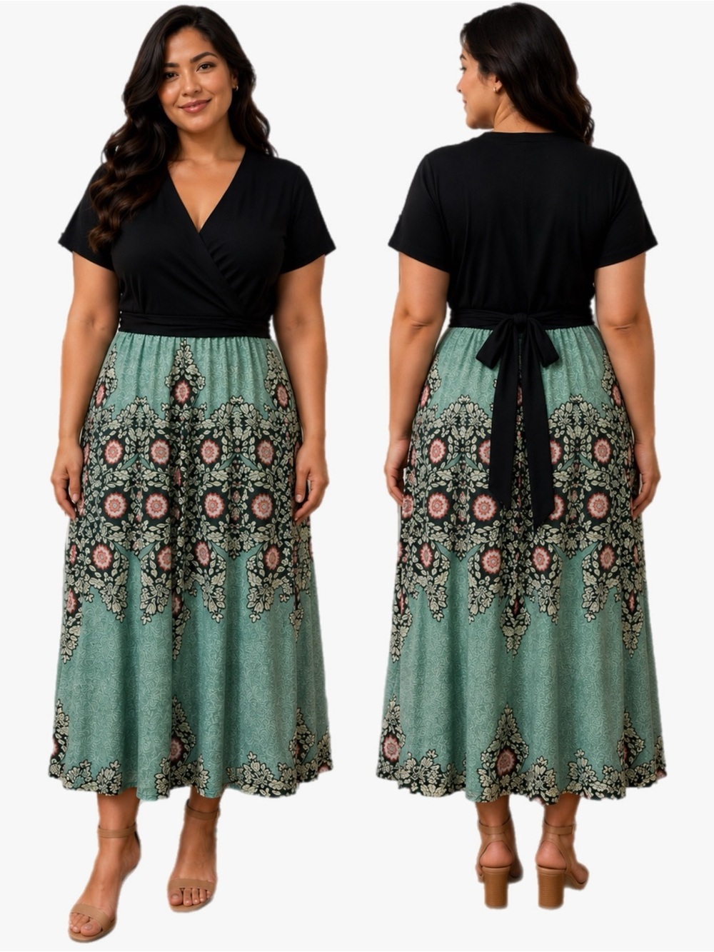 Eshakti Custom XL Black Wrap Midi Dress Green Floral Medallion Short Sleeve Tie